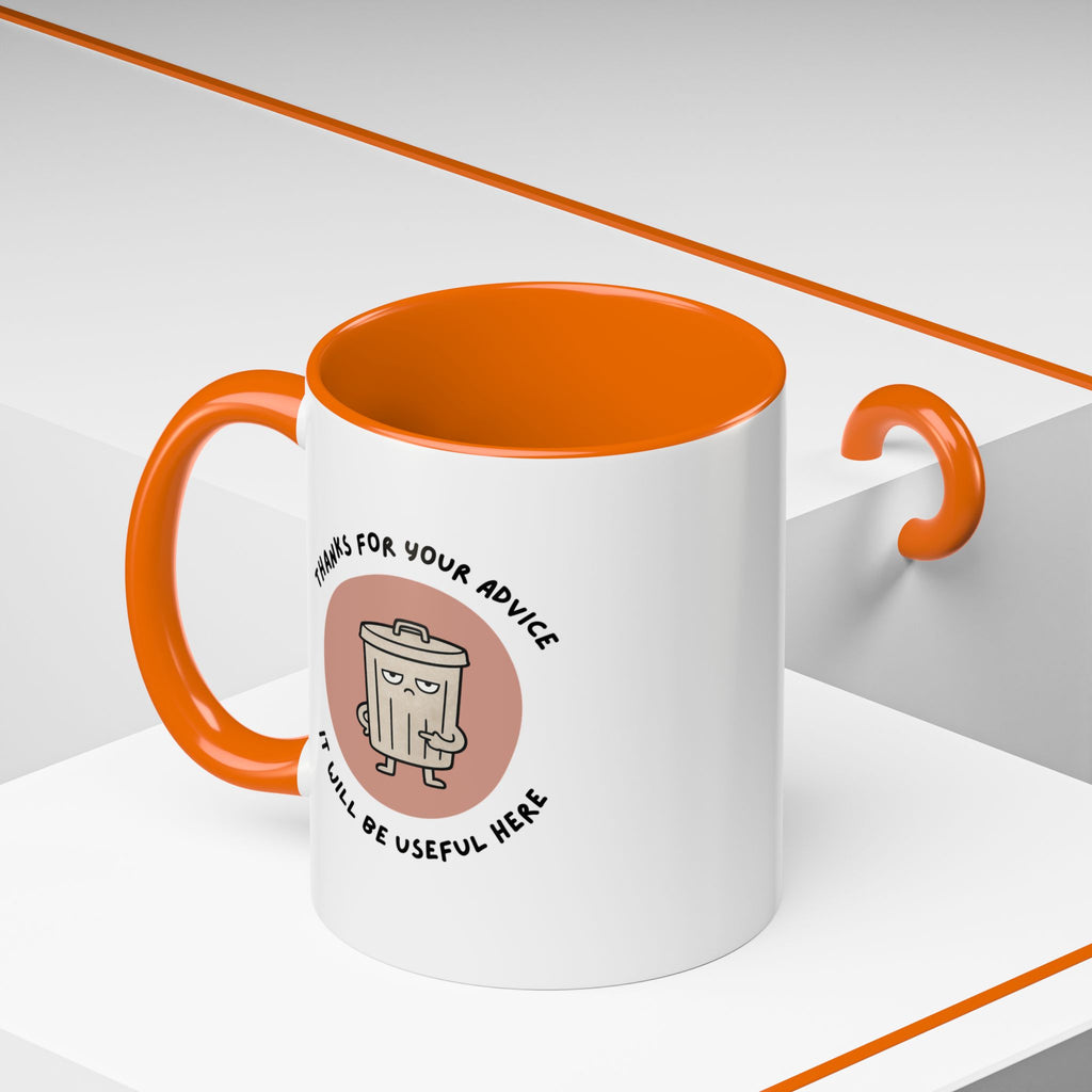 Coffee Mug Illustration with "Thanks for Your Advice, I’ll Will Be Useful Here"