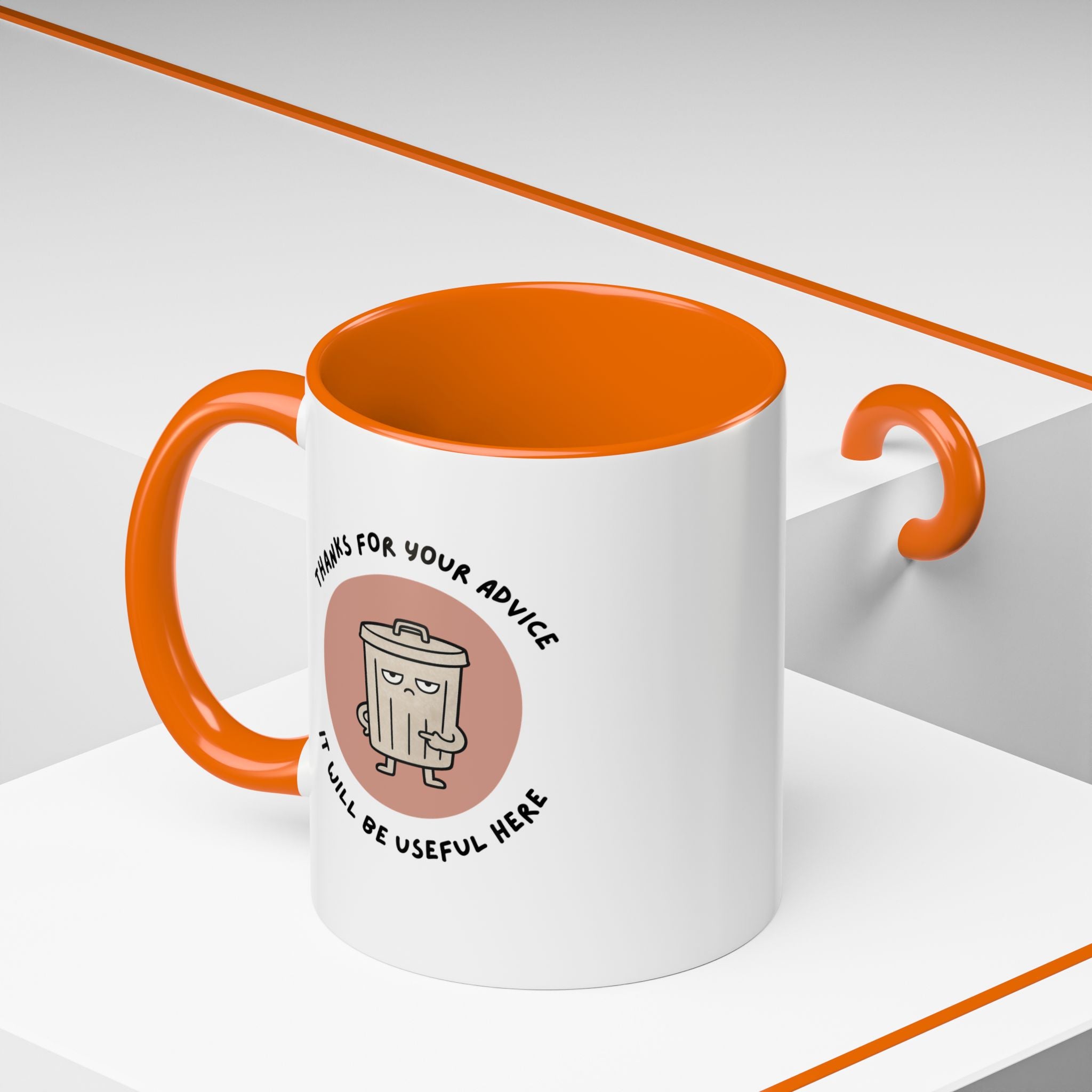 Coffee Mug Illustration with "Thanks for Your Advice, I’ll Will Be Useful Here"