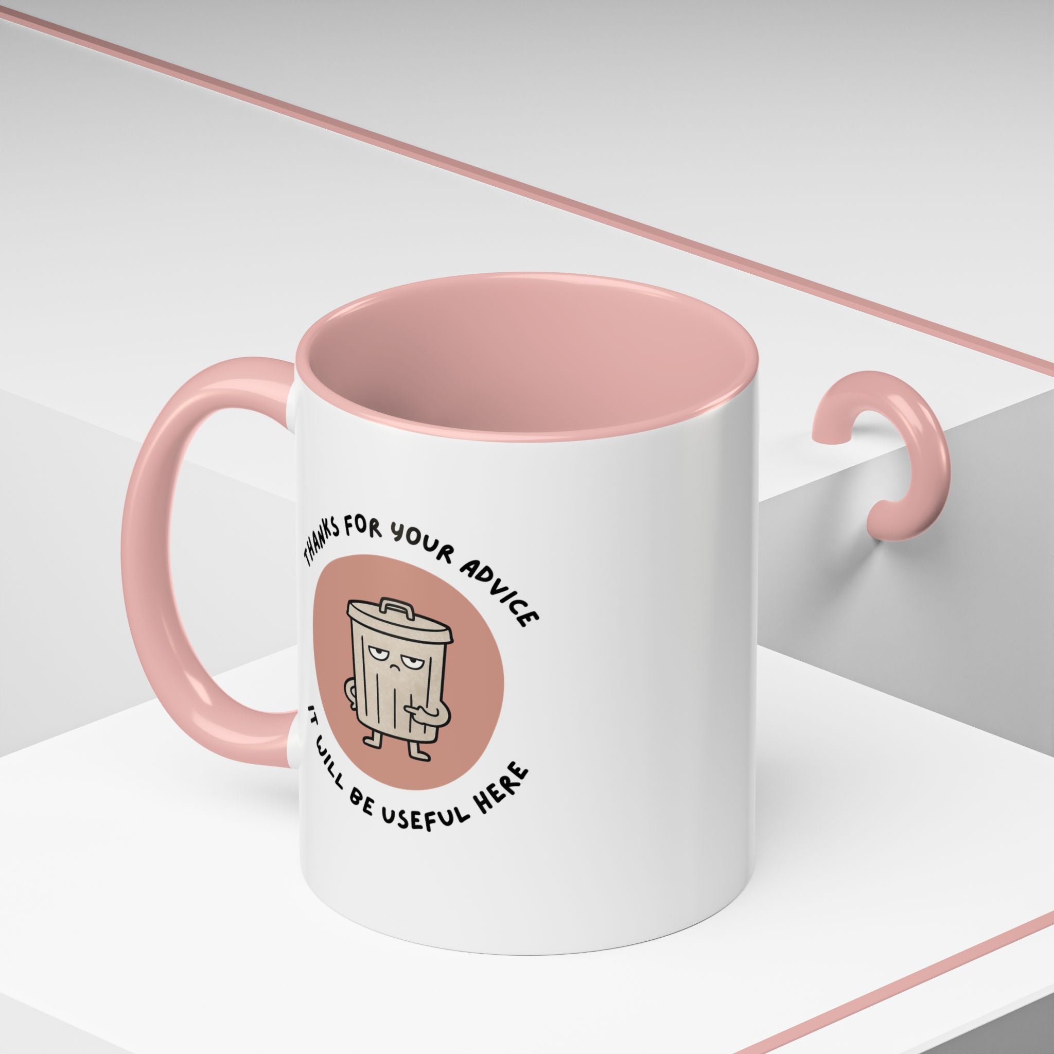 Coffee Mug Illustration with "Thanks for Your Advice, I’ll Will Be Useful Here"