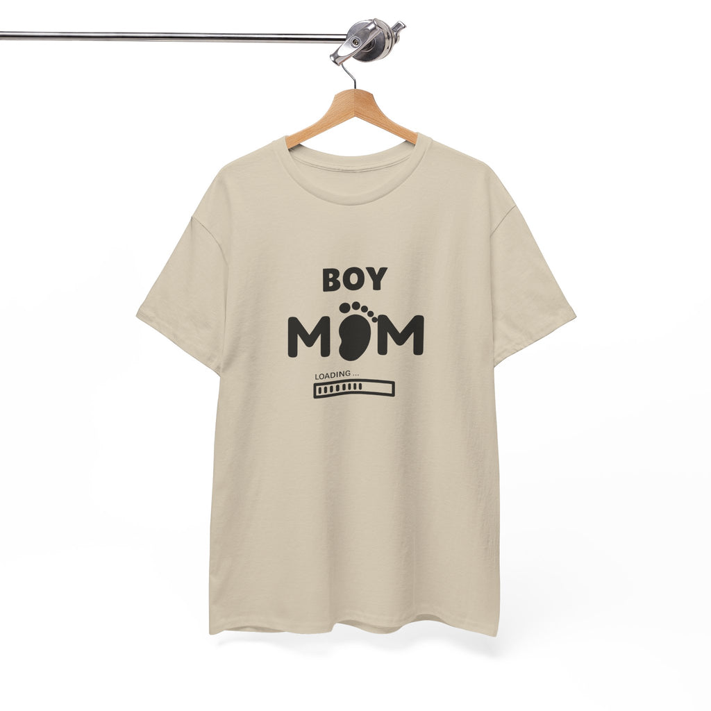 Boy Mom T-Shirt – Pregnancy Announcement Tee with Baby Footprint & Loading Bar
