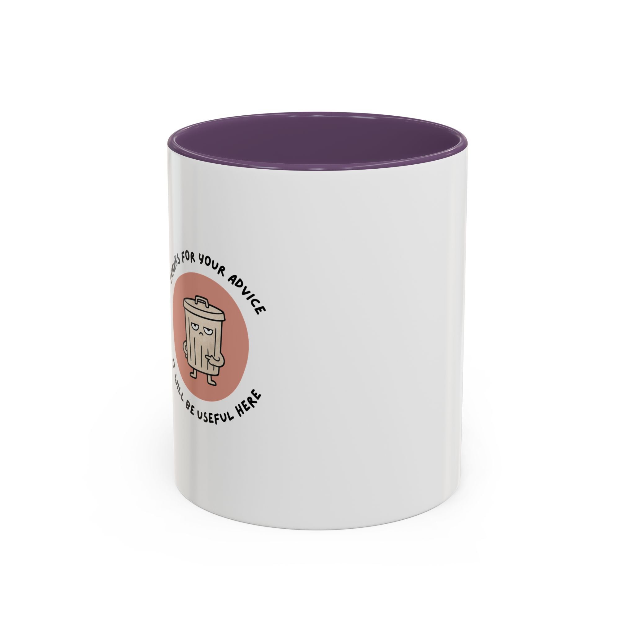 Coffee Mug Illustration with "Thanks for Your Advice, I’ll Will Be Useful Here"