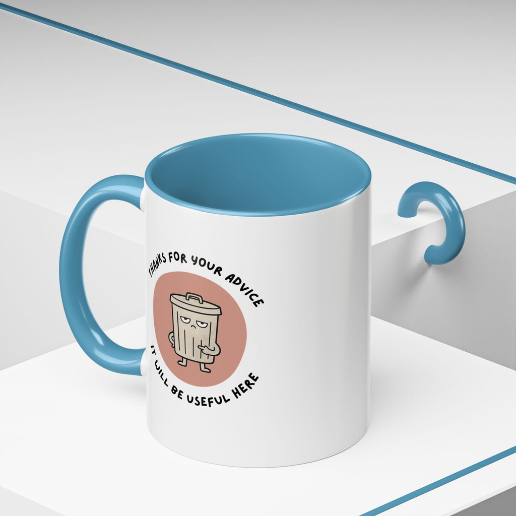 Coffee Mug Illustration with "Thanks for Your Advice, I’ll Will Be Useful Here"