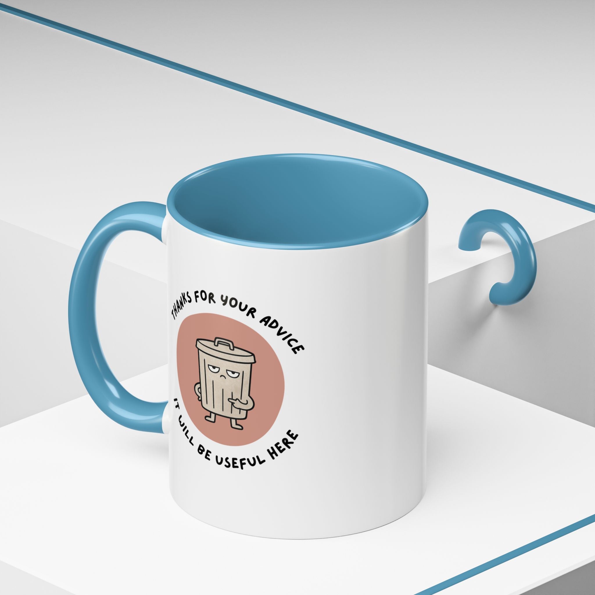 Coffee Mug Illustration with "Thanks for Your Advice, I’ll Will Be Useful Here"