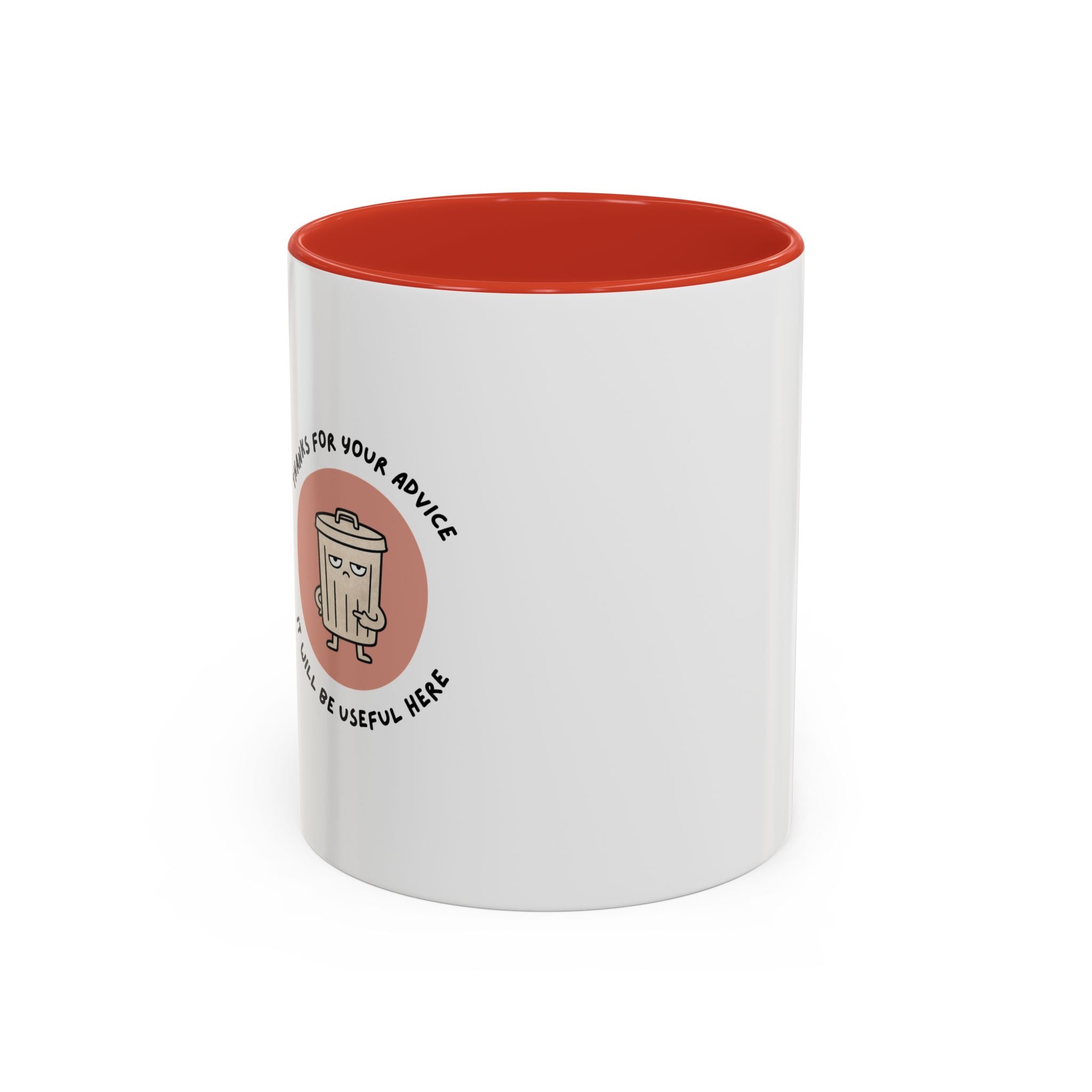 Coffee Mug Illustration with "Thanks for Your Advice, I’ll Will Be Useful Here"