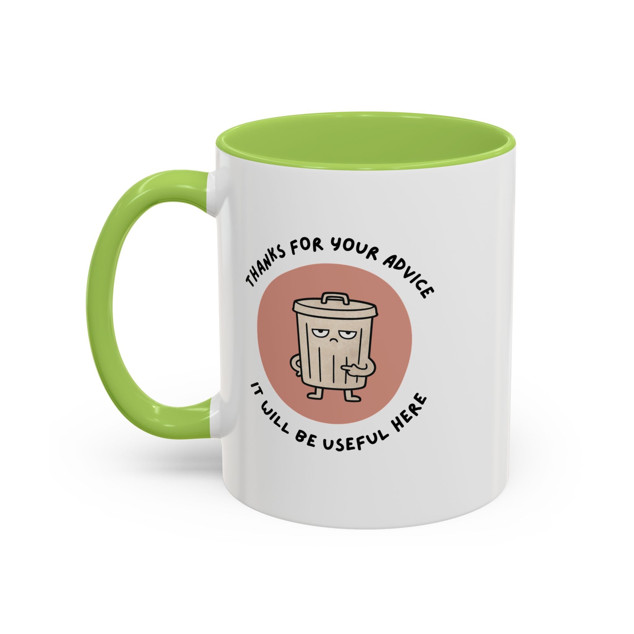 Coffee Mug Illustration with "Thanks for Your Advice, I’ll Will Be Useful Here"