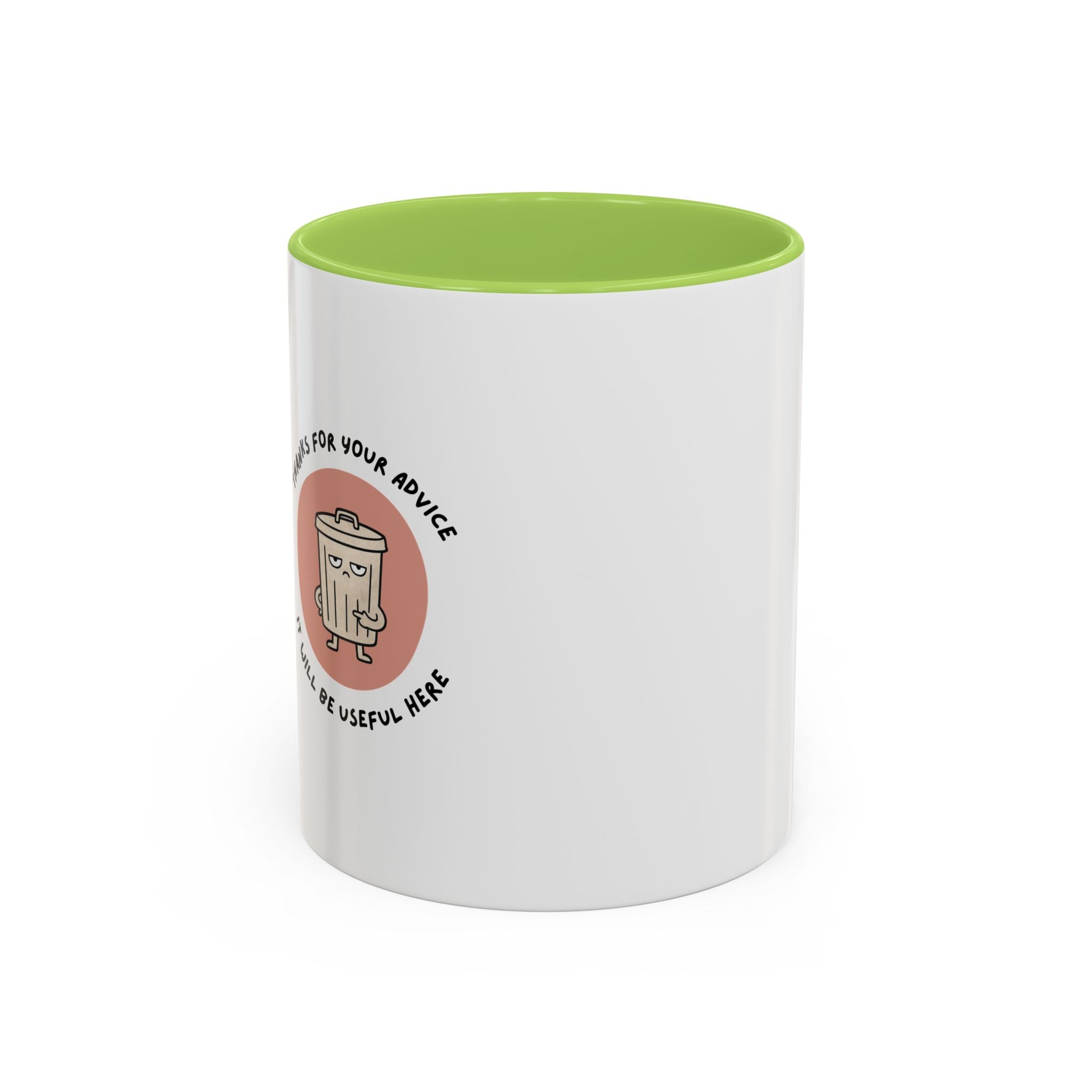 Coffee Mug Illustration with "Thanks for Your Advice, I’ll Will Be Useful Here"