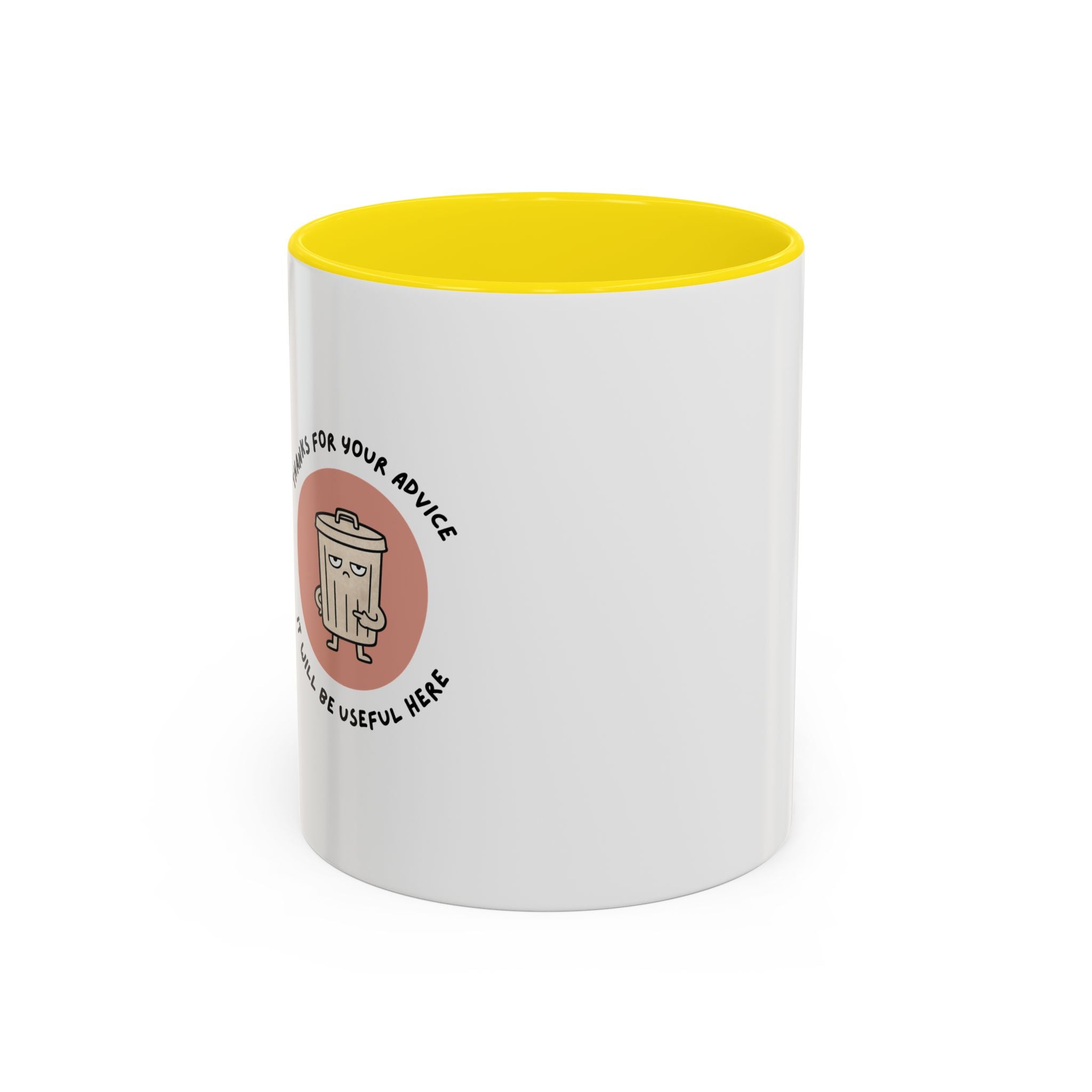 Coffee Mug Illustration with "Thanks for Your Advice, I’ll Will Be Useful Here"