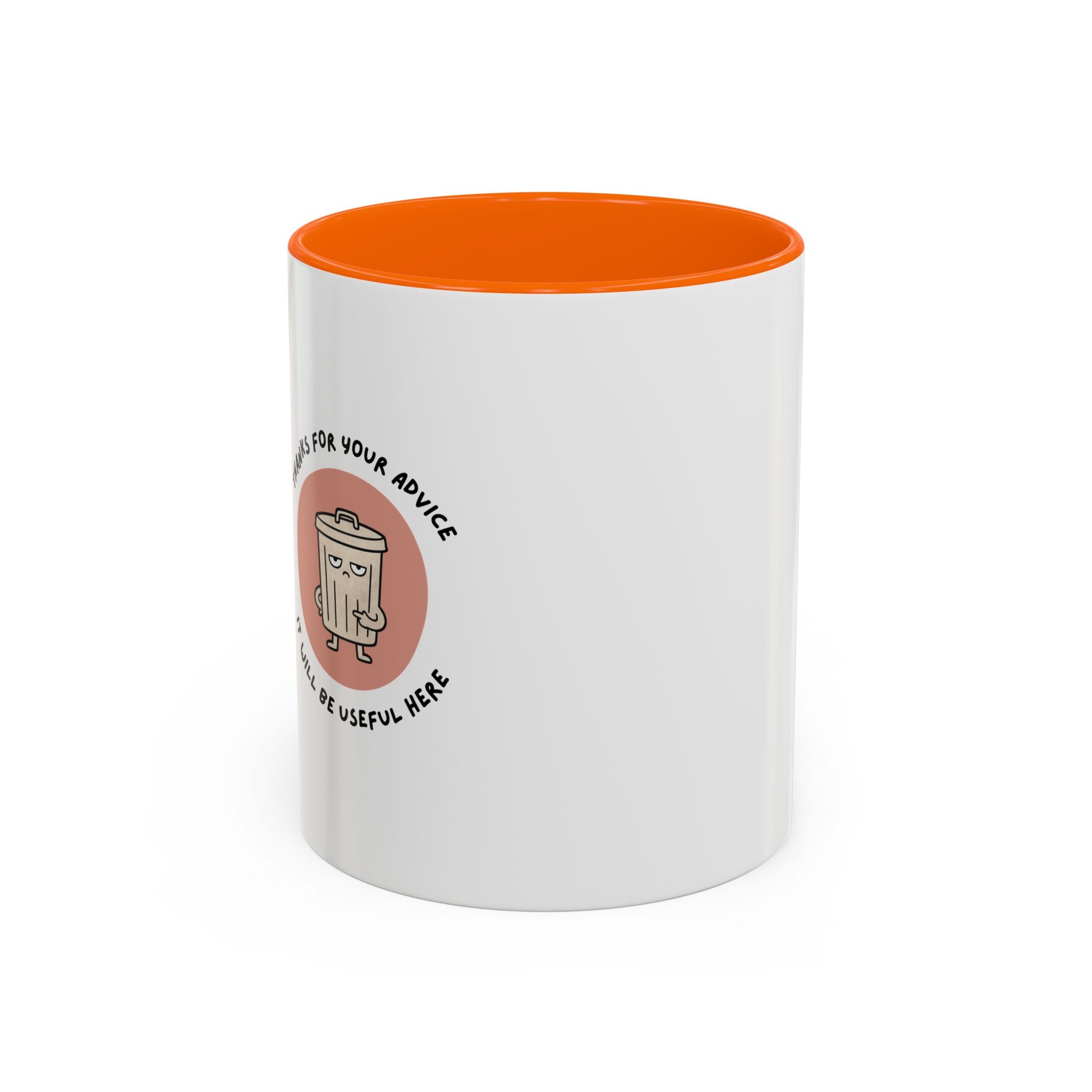 Coffee Mug Illustration with "Thanks for Your Advice, I’ll Will Be Useful Here"