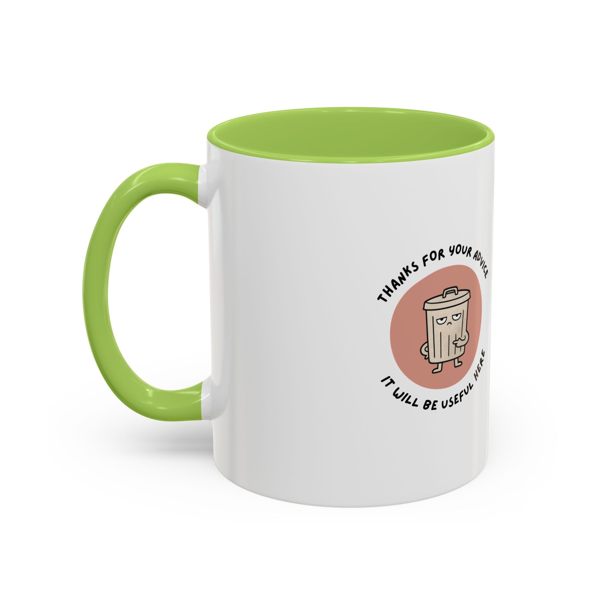 Coffee Mug Illustration with "Thanks for Your Advice, I’ll Will Be Useful Here"