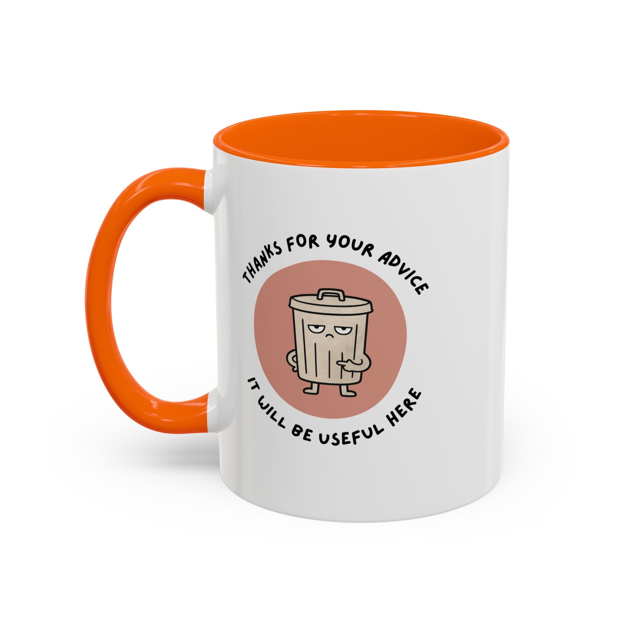 Coffee Mug Illustration with "Thanks for Your Advice, I’ll Will Be Useful Here"