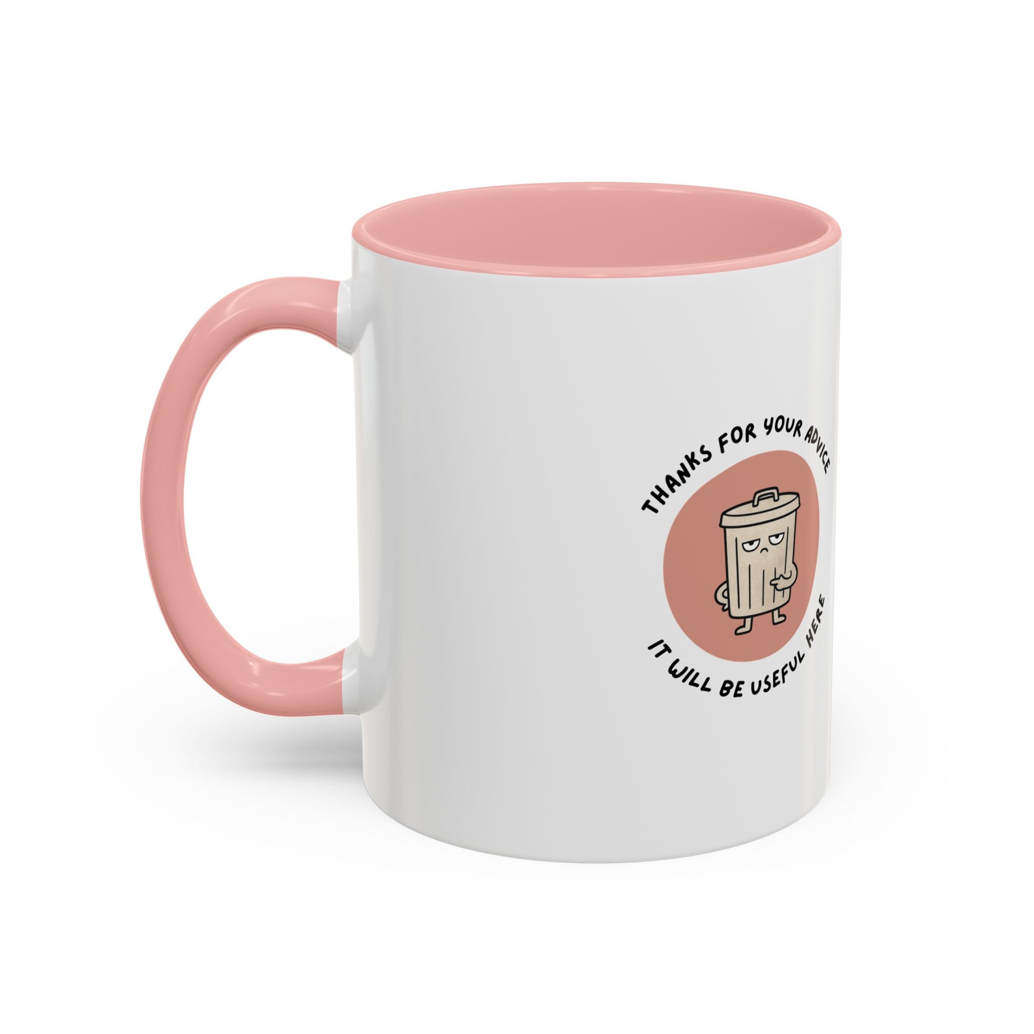 Coffee Mug Illustration with "Thanks for Your Advice, I’ll Will Be Useful Here"