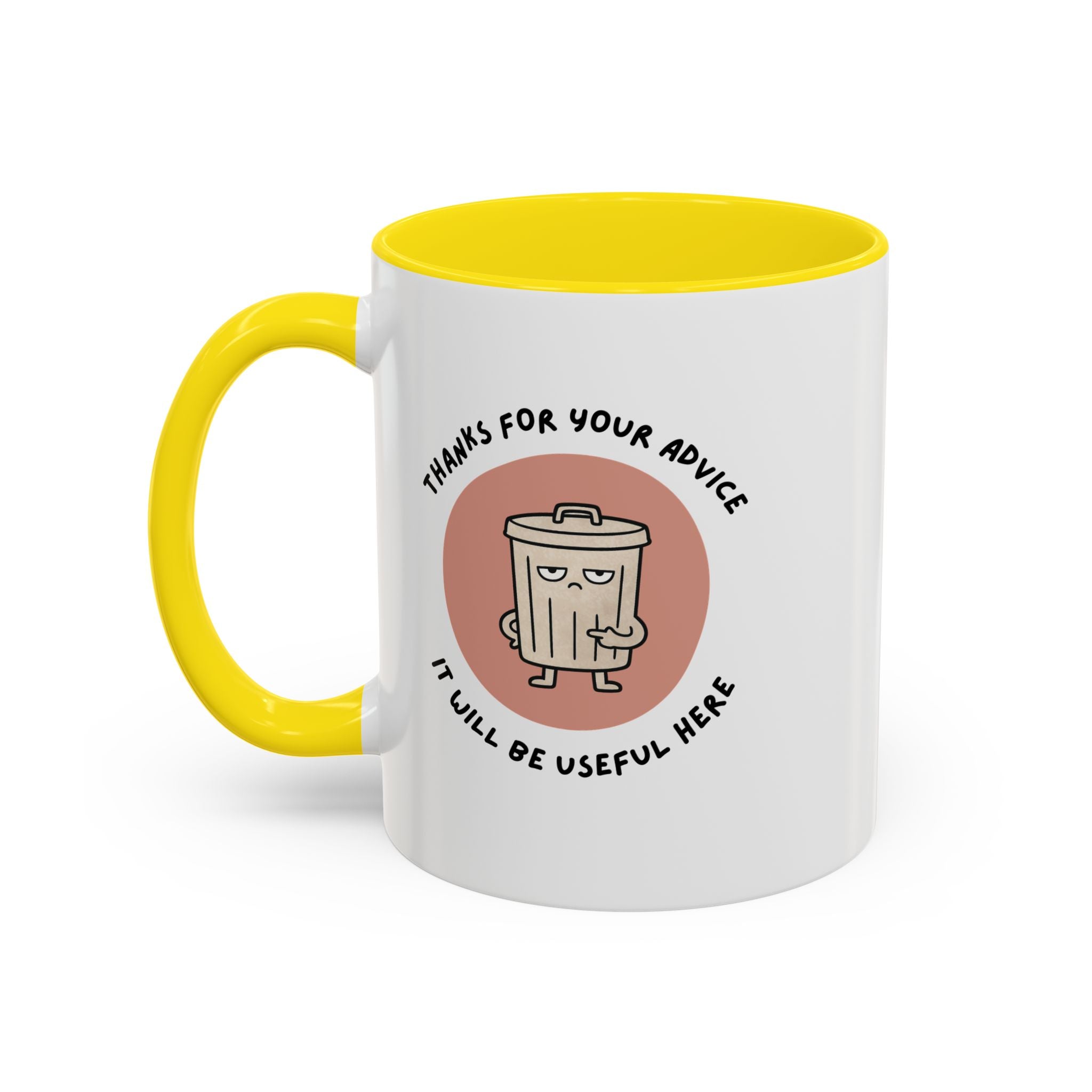 Coffee Mug Illustration with "Thanks for Your Advice, I’ll Will Be Useful Here"