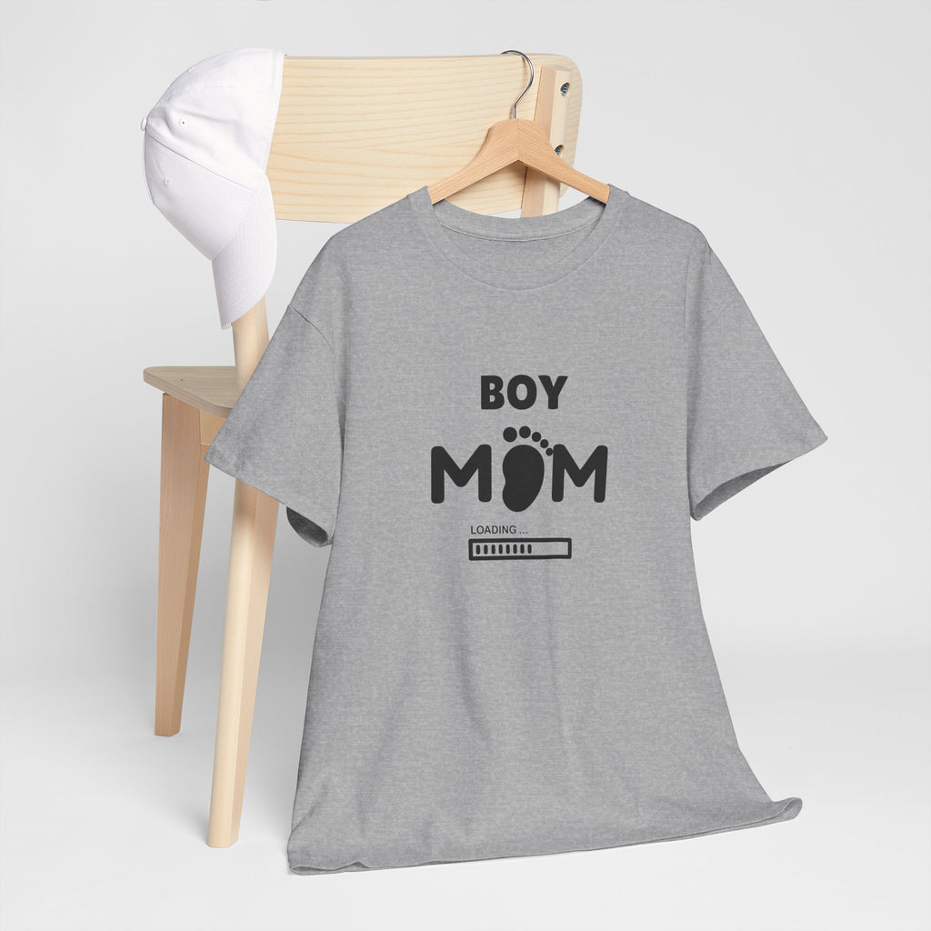Boy Mom T-Shirt – Pregnancy Announcement Tee with Baby Footprint & Loading Bar