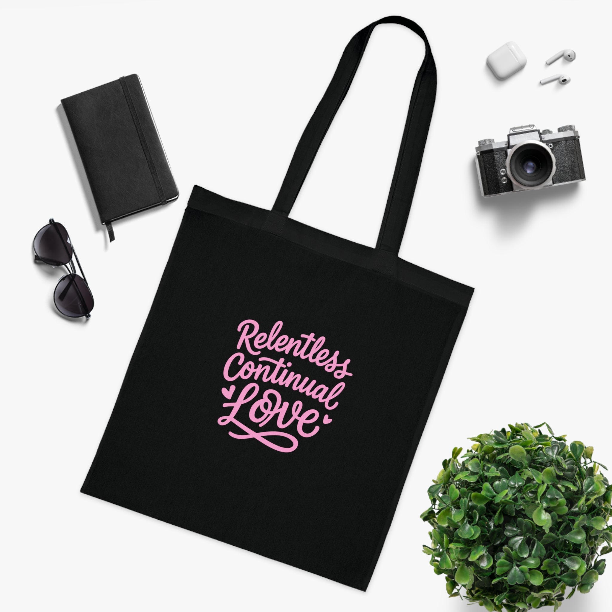 Relentless Continual Love Cotton Tote — Pink Script Inspirational Grocery & Gift Bag