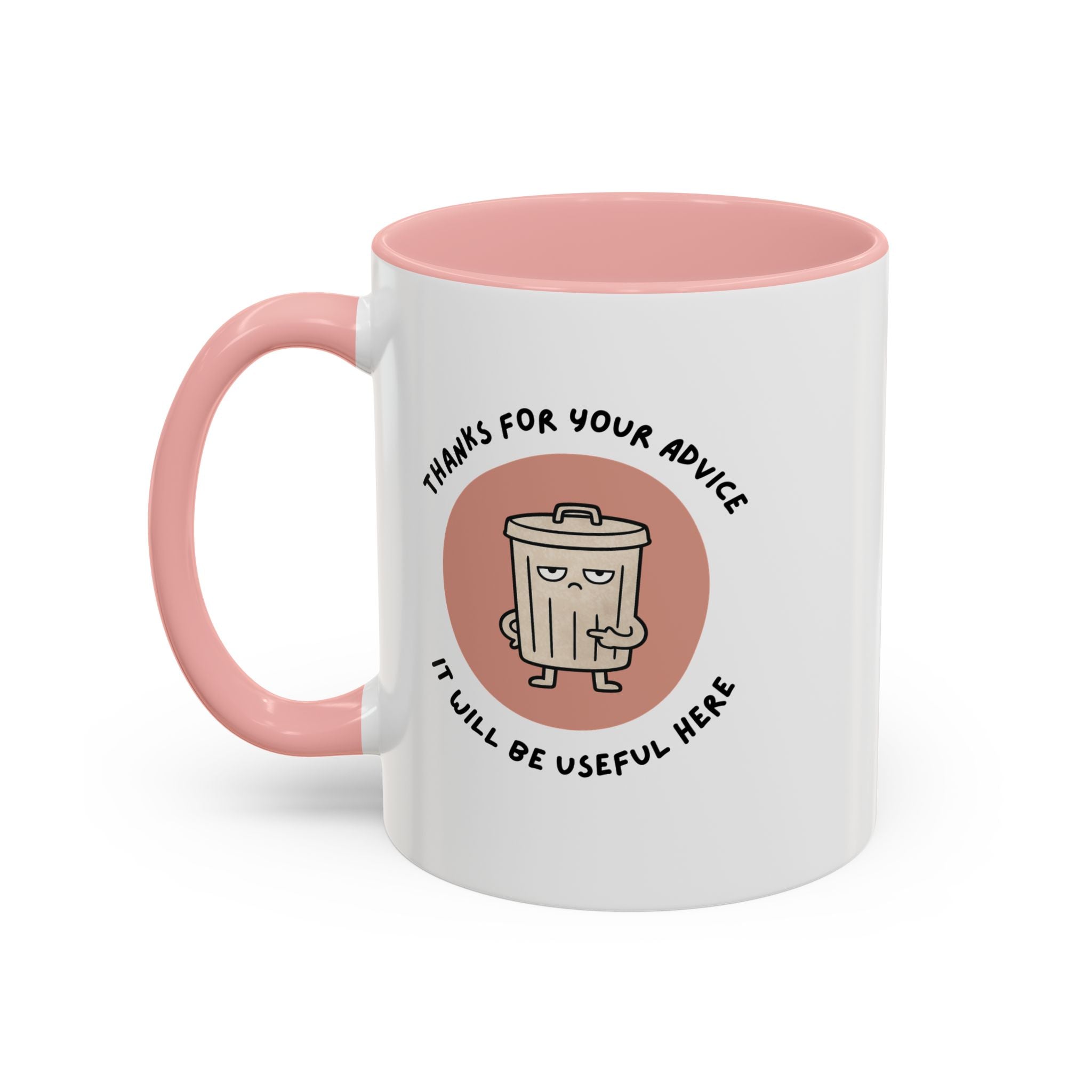 Coffee Mug Illustration with "Thanks for Your Advice, I’ll Will Be Useful Here"