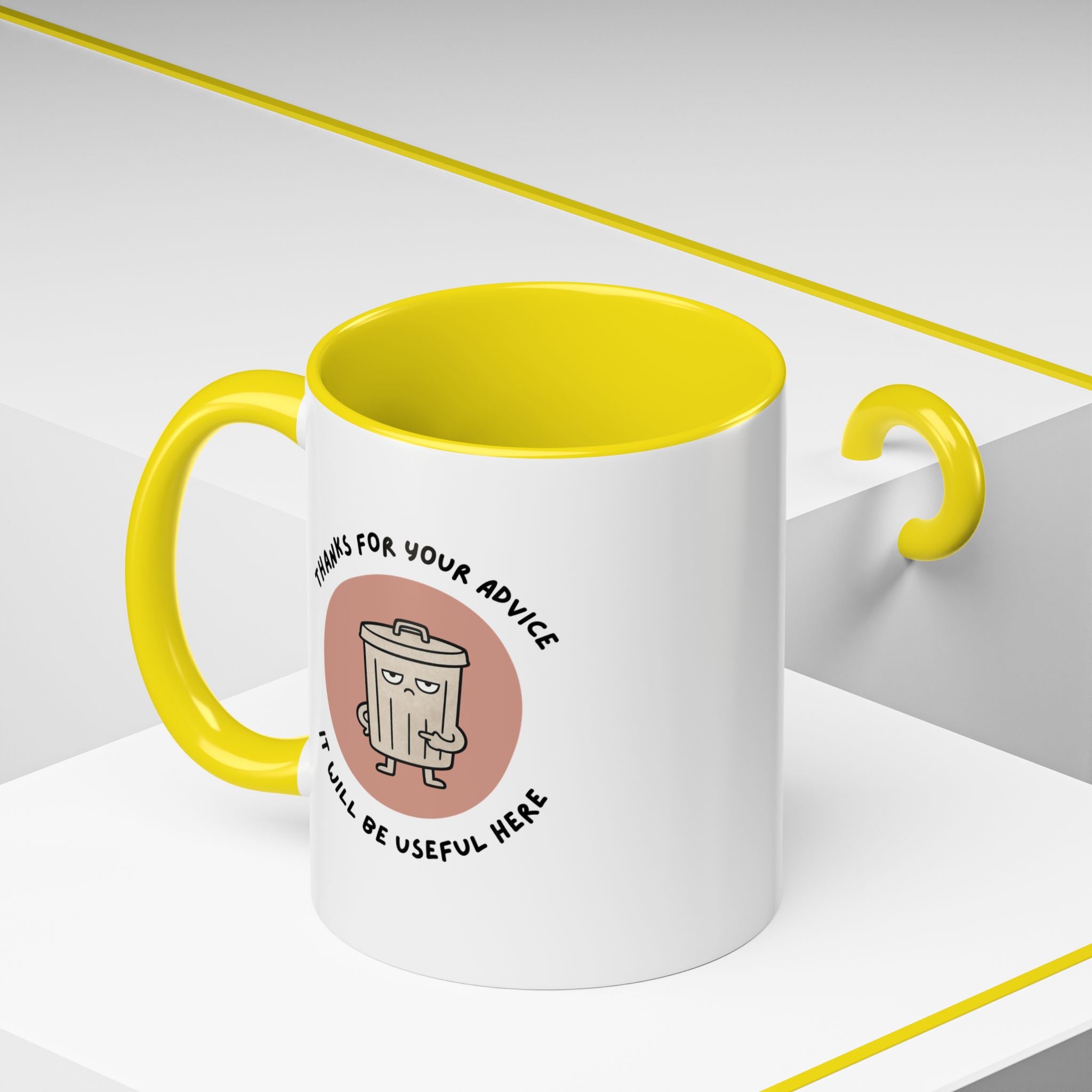 Coffee Mug Illustration with "Thanks for Your Advice, I’ll Will Be Useful Here"