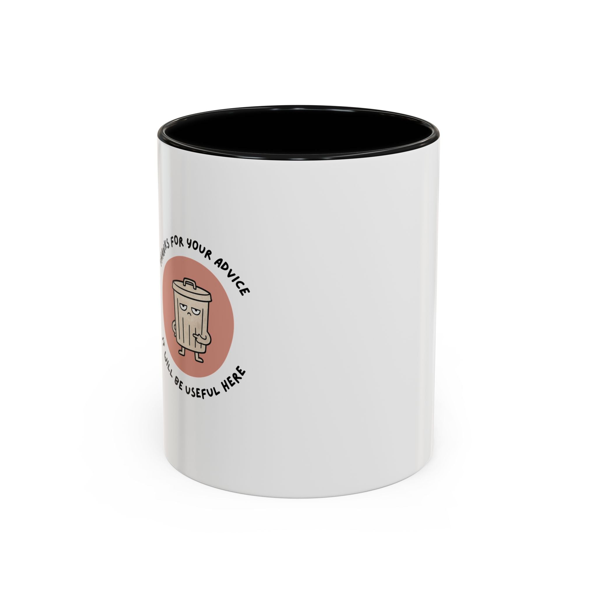 Coffee Mug Illustration with "Thanks for Your Advice, I’ll Will Be Useful Here"