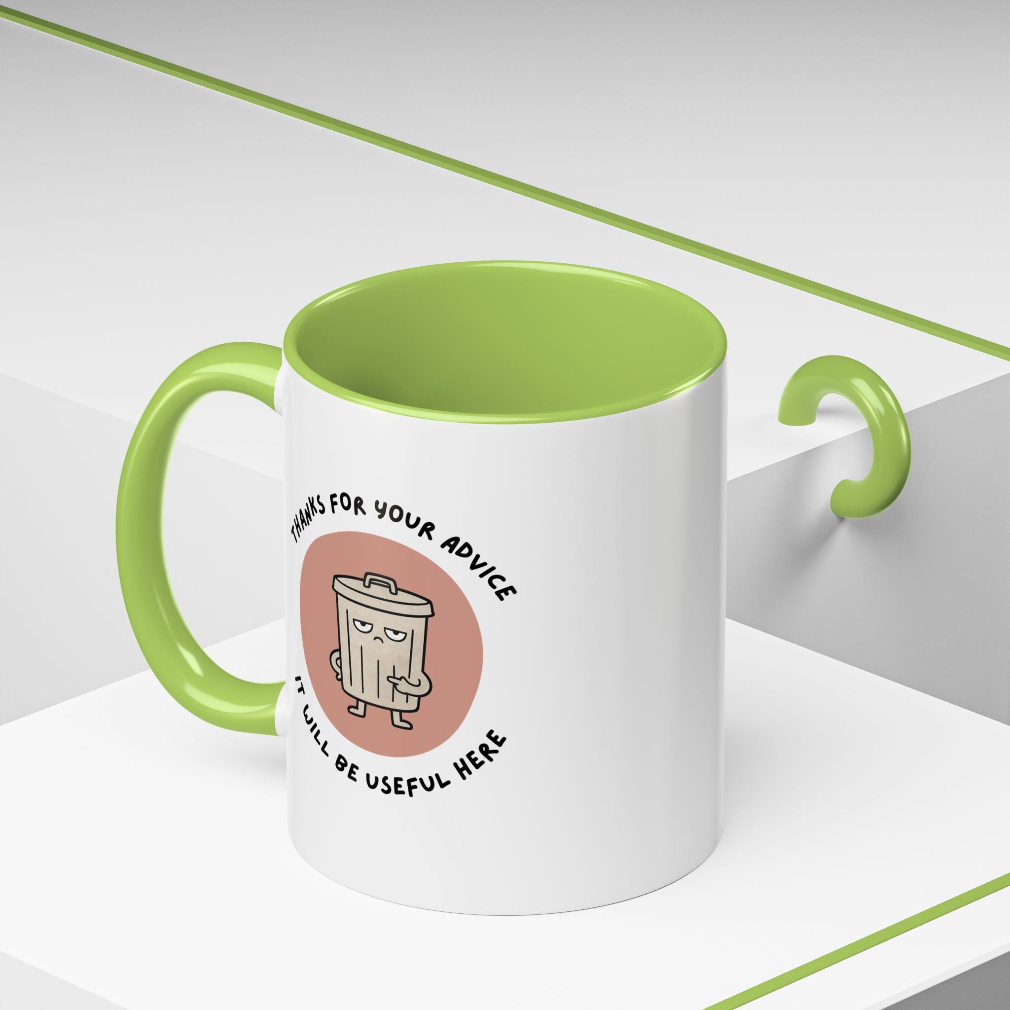 Coffee Mug Illustration with "Thanks for Your Advice, I’ll Will Be Useful Here"