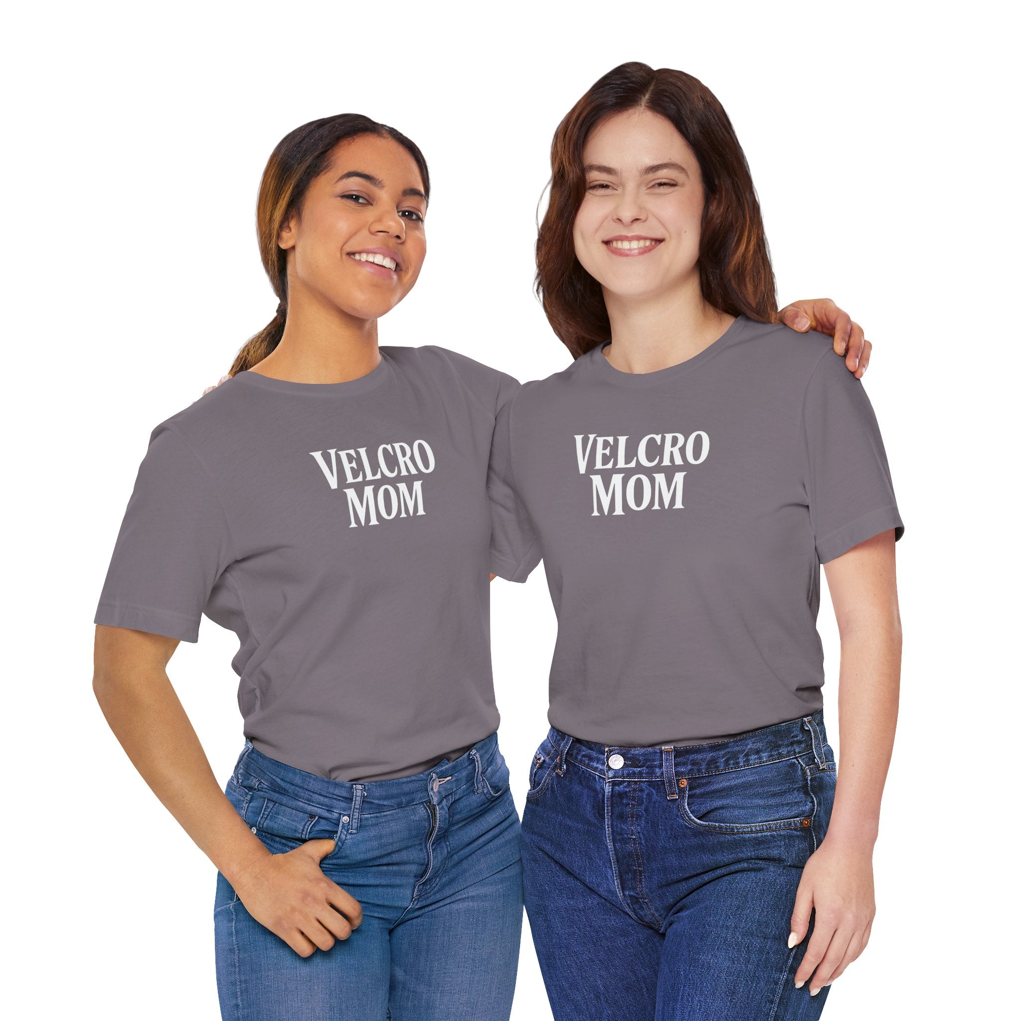 Velcro Mom T-Shirt — Funny Mom Tee with 'Velcro Mom' Text (Back Description)