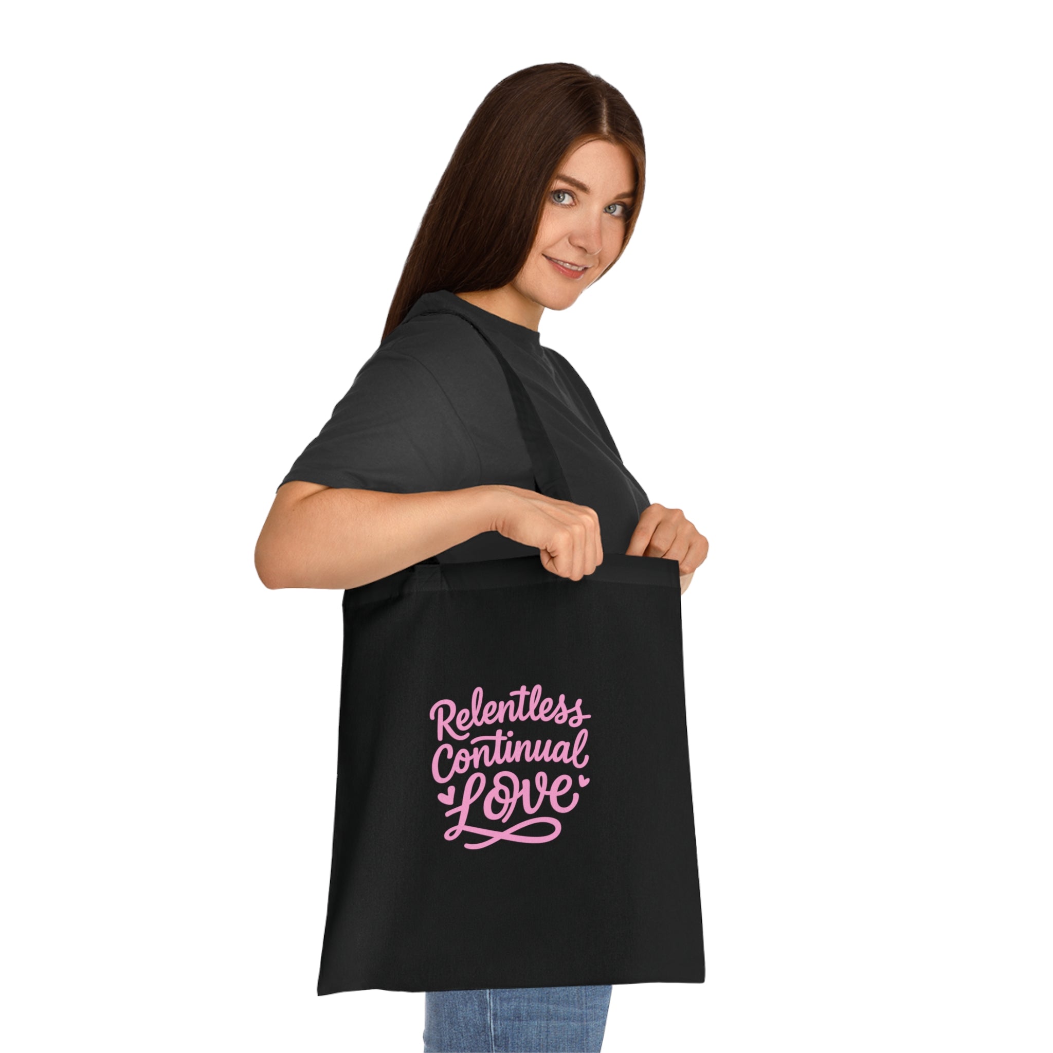 Relentless Continual Love Cotton Tote — Pink Script Inspirational Grocery & Gift Bag