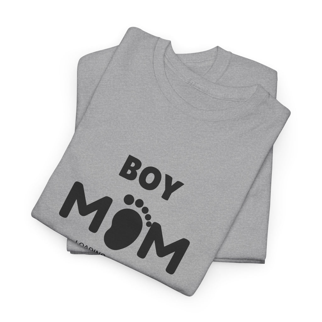 Boy Mom T-Shirt – Pregnancy Announcement Tee with Baby Footprint & Loading Bar