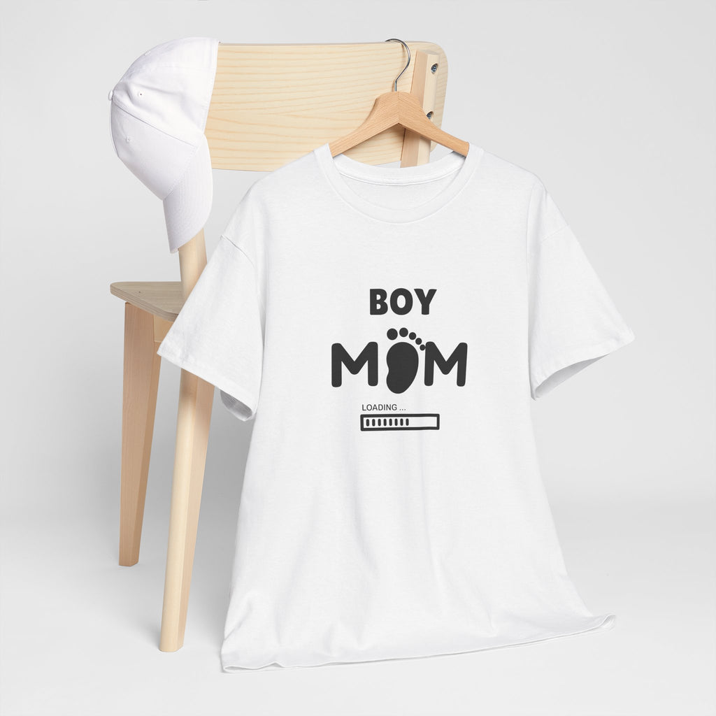 Boy Mom T-Shirt – Pregnancy Announcement Tee with Baby Footprint & Loading Bar