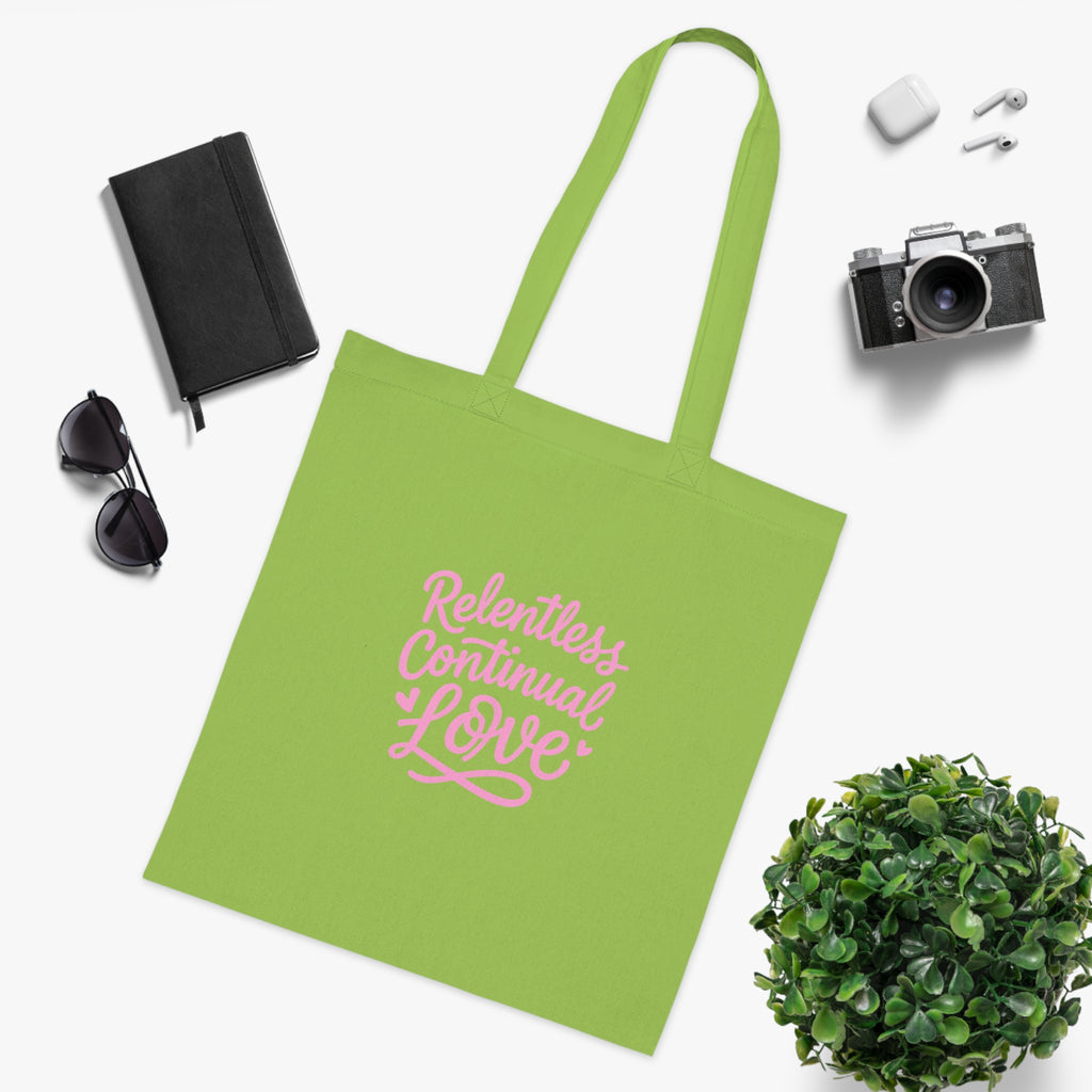 Relentless Continual Love Cotton Tote — Pink Script Inspirational Grocery & Gift Bag