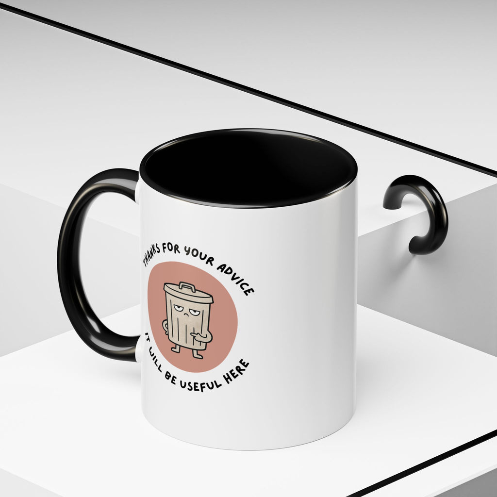 Coffee Mug Illustration with "Thanks for Your Advice, I’ll Will Be Useful Here"