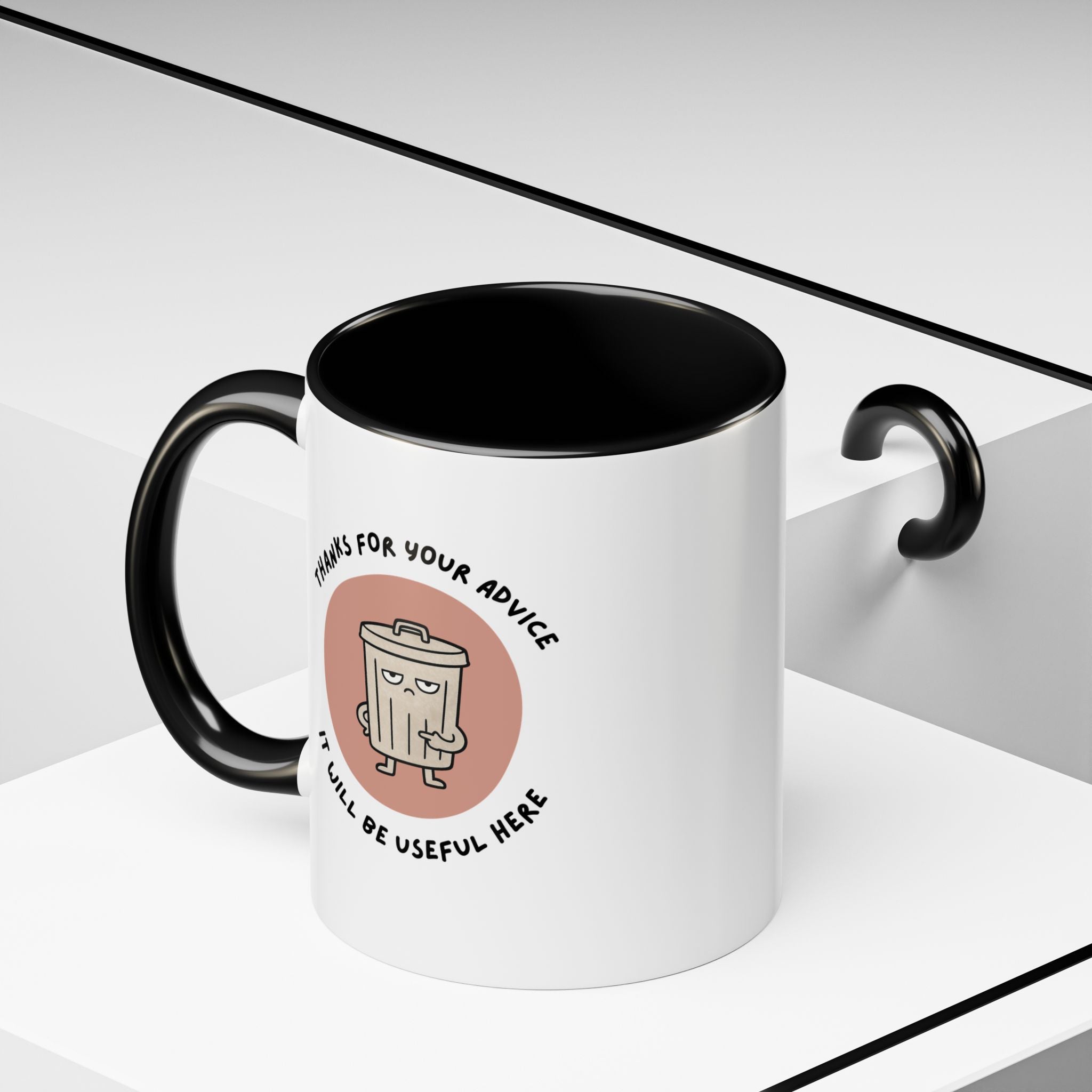 Coffee Mug Illustration with "Thanks for Your Advice, I’ll Will Be Useful Here"