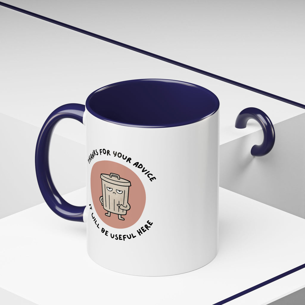 Coffee Mug Illustration with "Thanks for Your Advice, I’ll Will Be Useful Here"