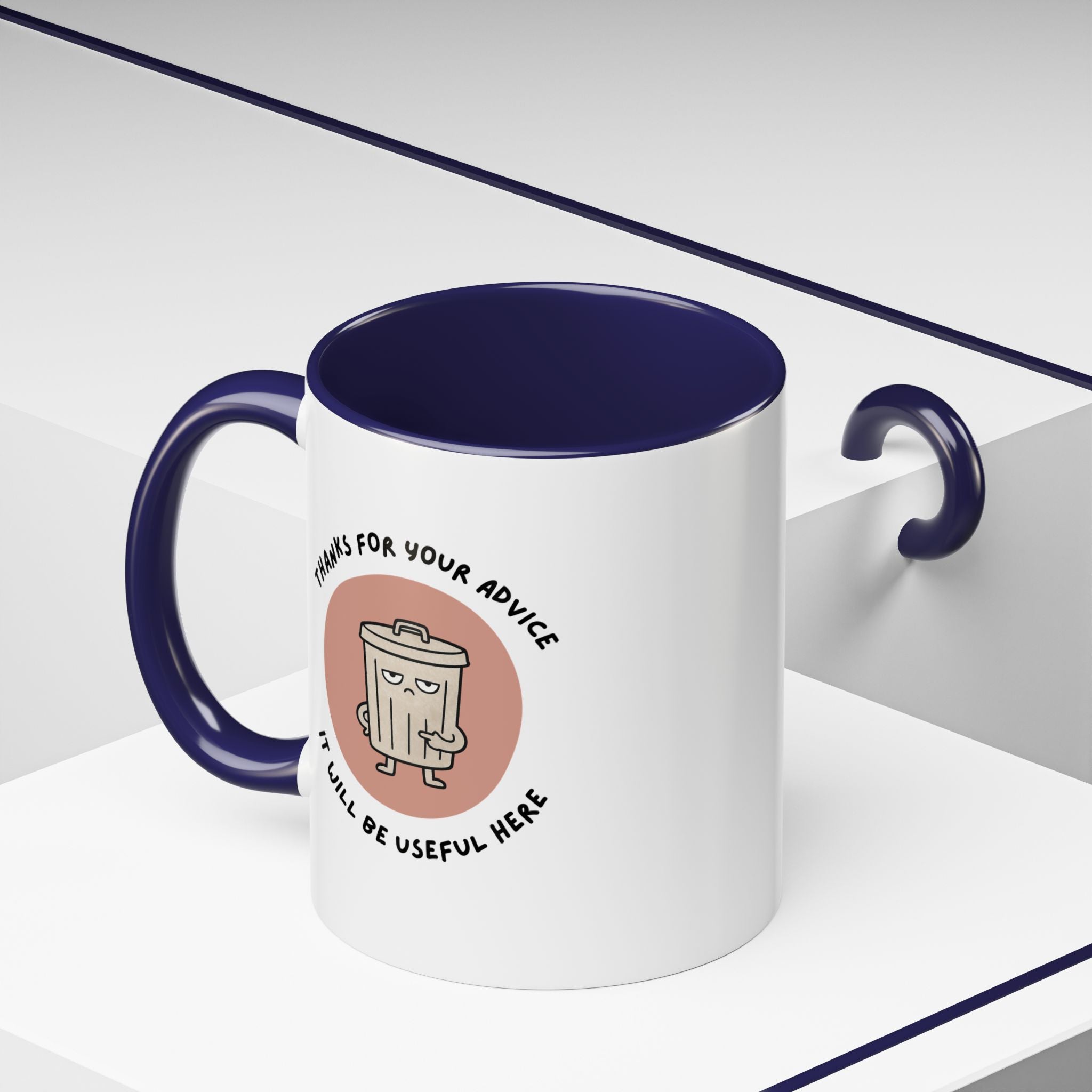 Coffee Mug Illustration with "Thanks for Your Advice, I’ll Will Be Useful Here"