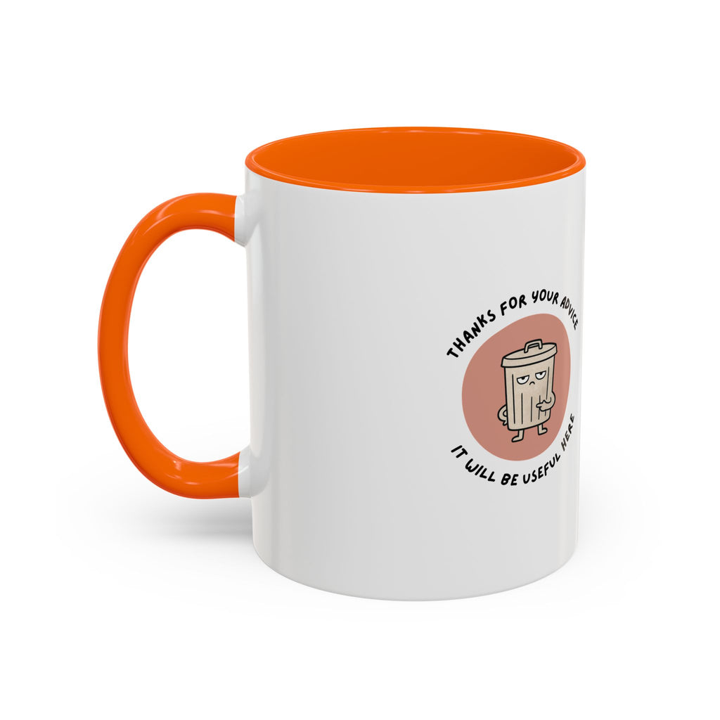 Coffee Mug Illustration with "Thanks for Your Advice, I’ll Will Be Useful Here"