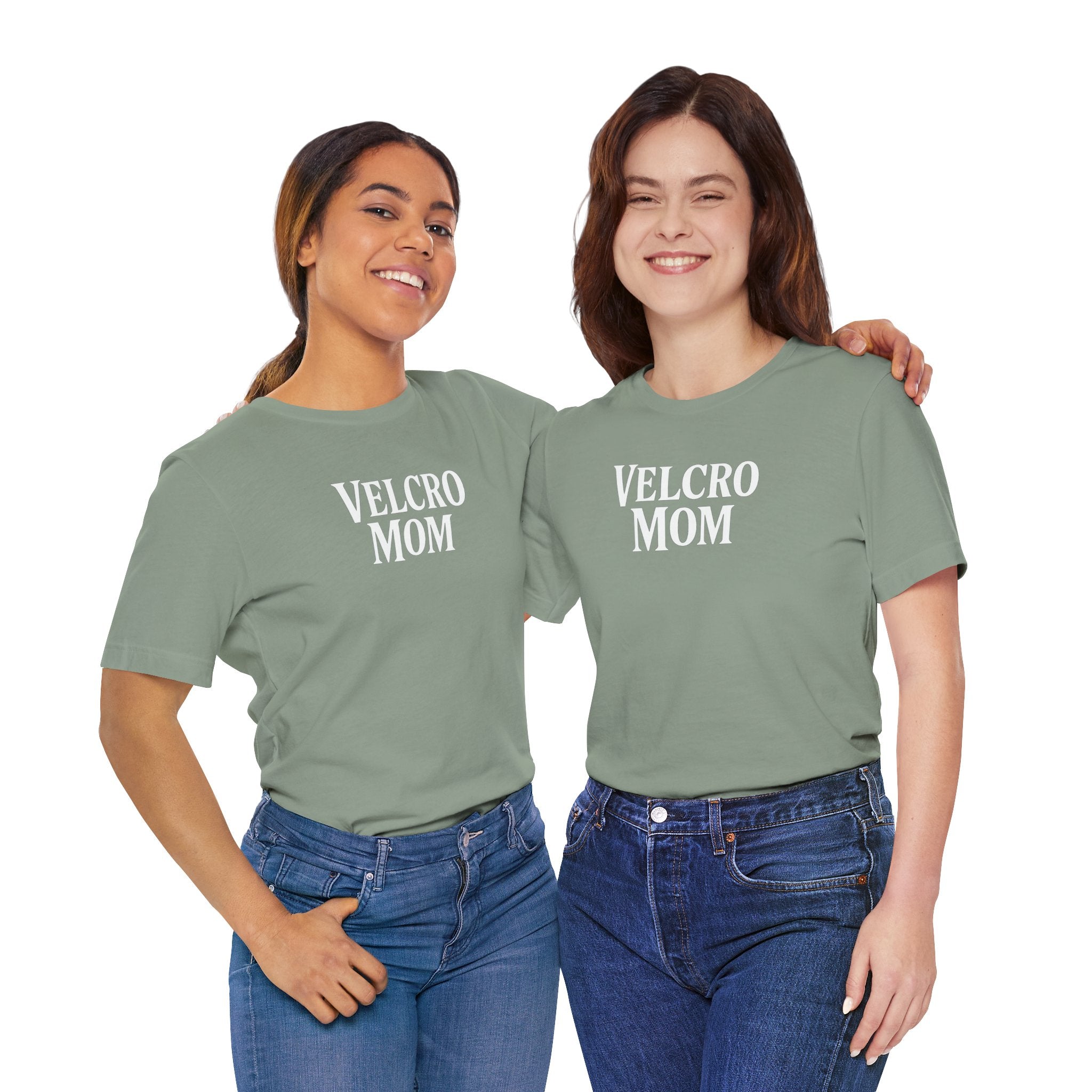 Velcro Mom T-Shirt — Funny Mom Tee with 'Velcro Mom' Text (Back Description)