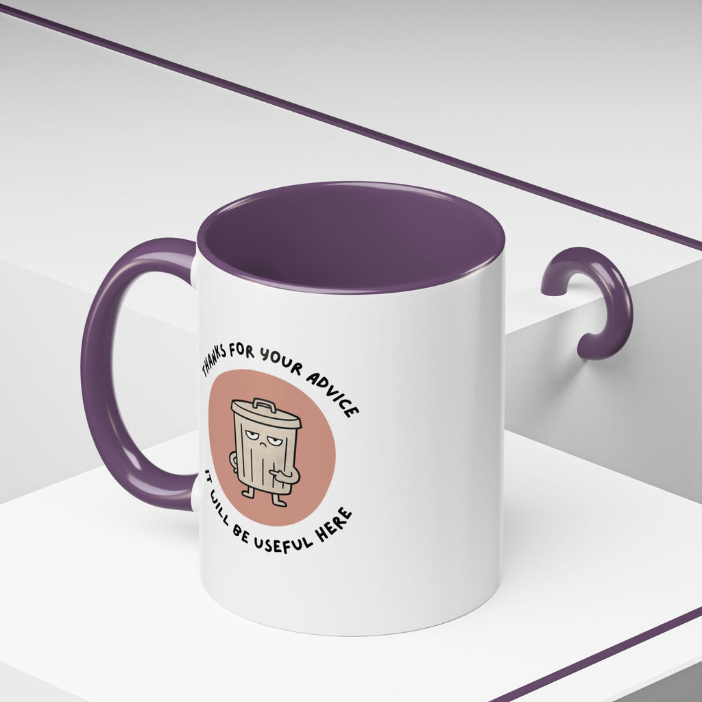 Coffee Mug Illustration with "Thanks for Your Advice, I’ll Will Be Useful Here"