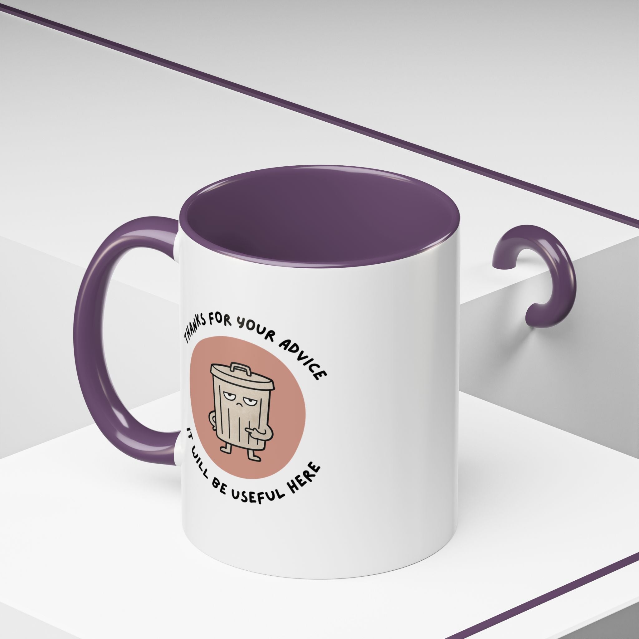 Coffee Mug Illustration with "Thanks for Your Advice, I’ll Will Be Useful Here"