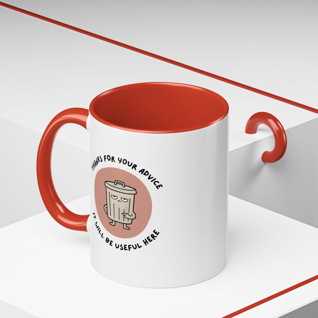 Coffee Mug Illustration with "Thanks for Your Advice, I’ll Will Be Useful Here"