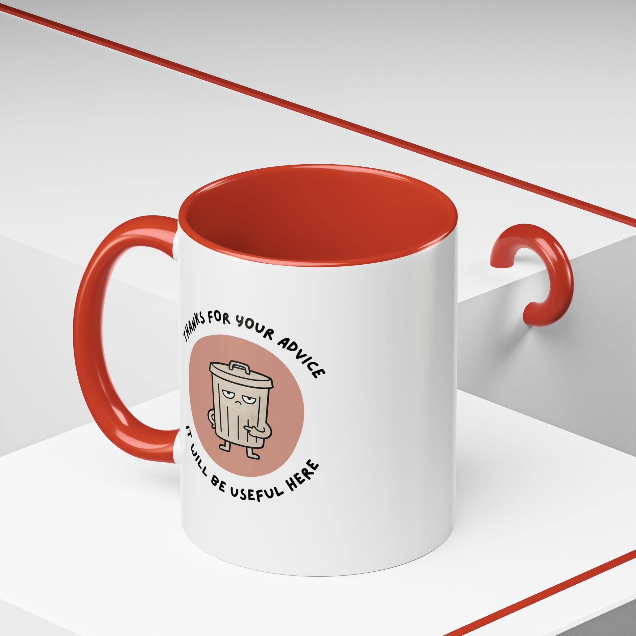 Coffee Mug Illustration with "Thanks for Your Advice, I’ll Will Be Useful Here"