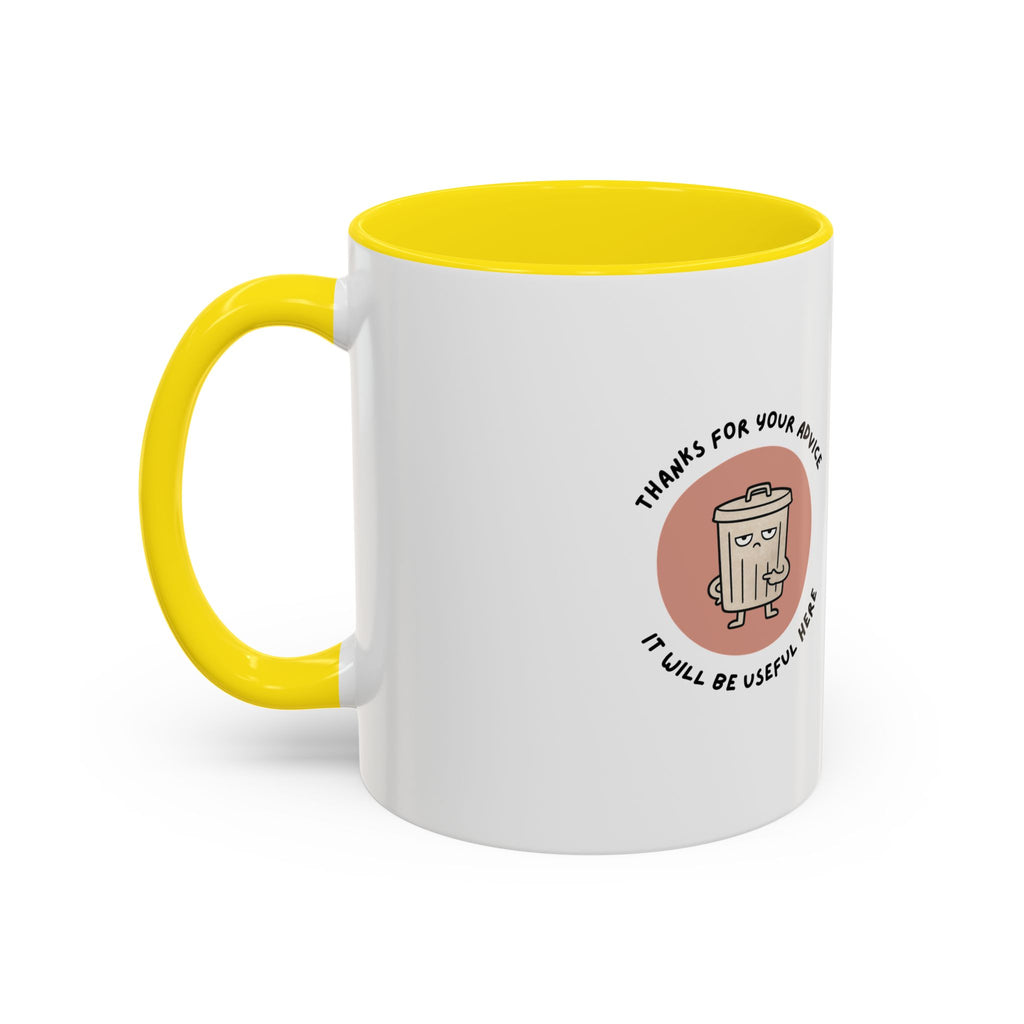 Coffee Mug Illustration with "Thanks for Your Advice, I’ll Will Be Useful Here"