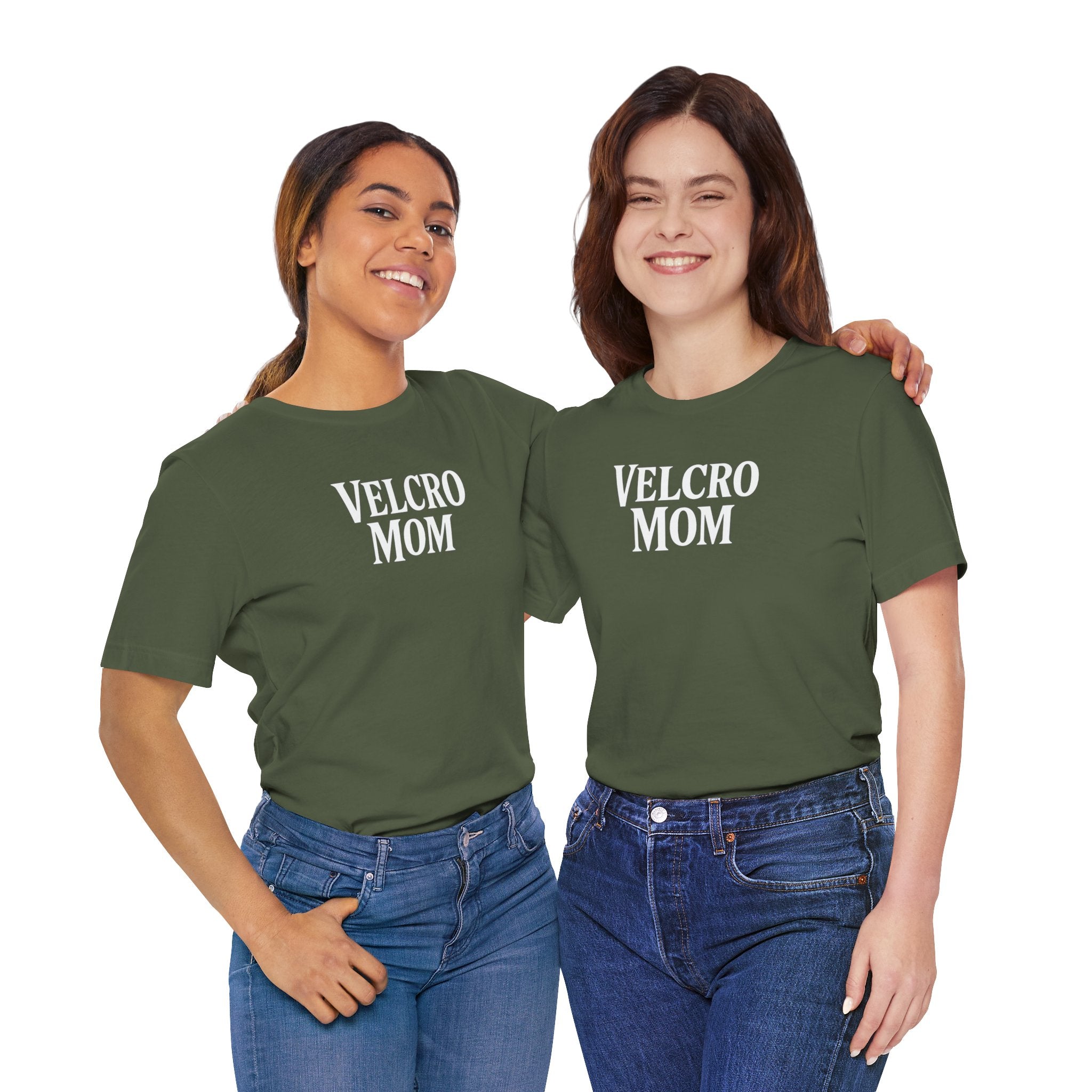Velcro Mom T-Shirt — Funny Mom Tee with 'Velcro Mom' Text (Back Description)