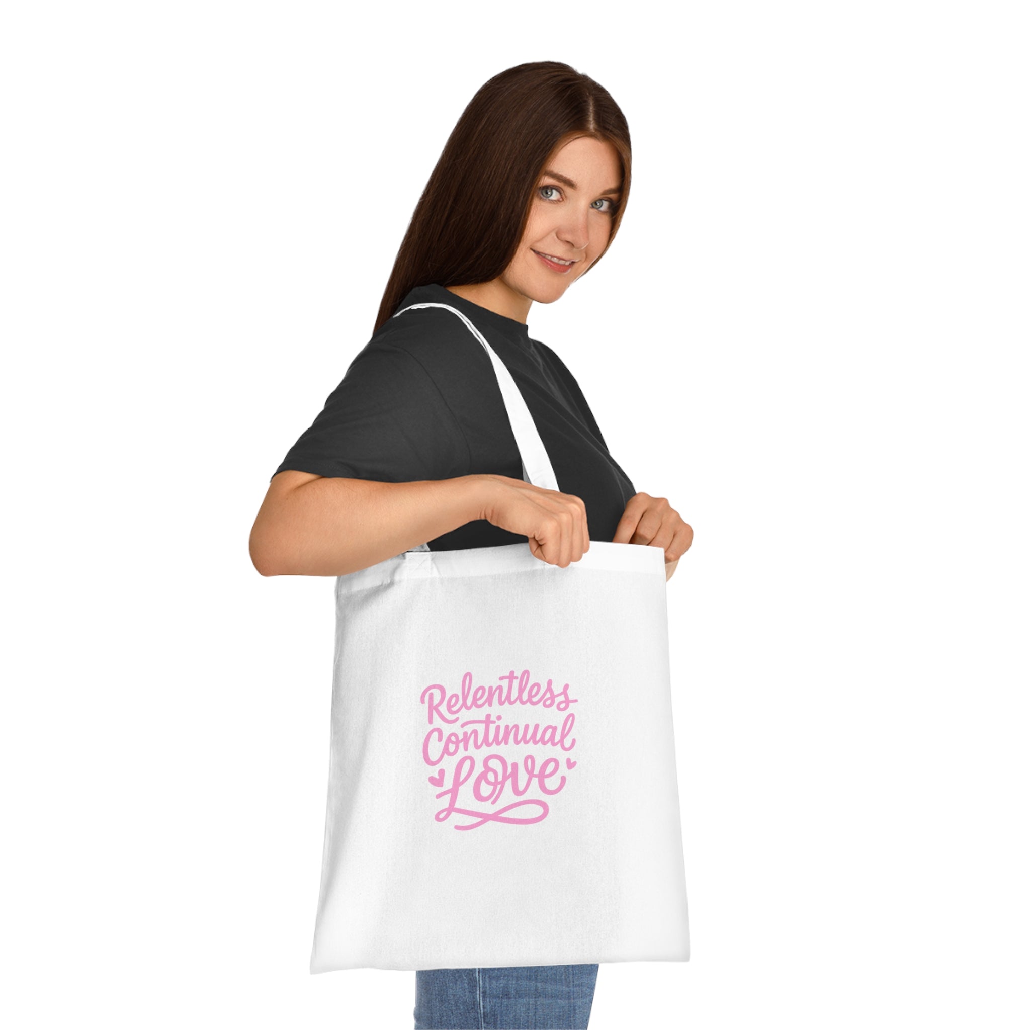 Relentless Continual Love Cotton Tote — Pink Script Inspirational Grocery & Gift Bag